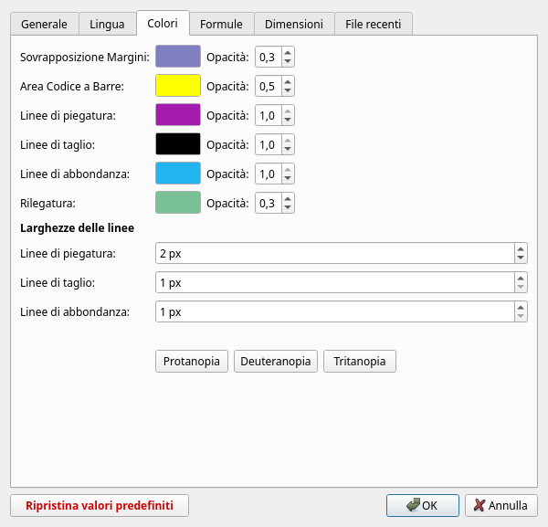 Finestra di dialogo Preferenze, scheda Colori