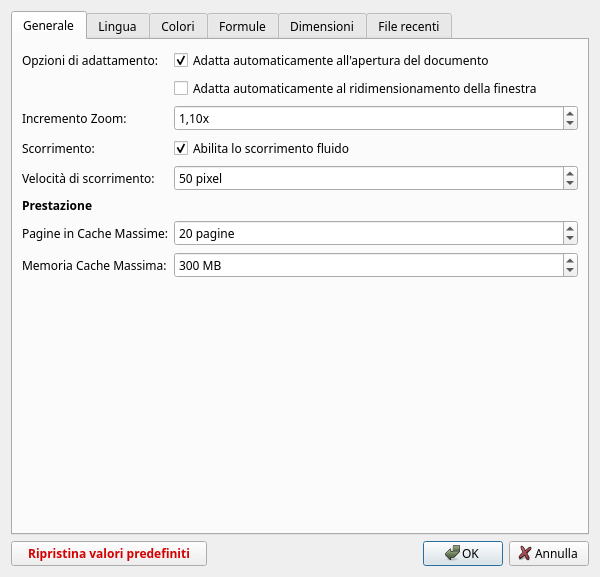 Finestra delle preferenze che mostra le opzioni di configurazione