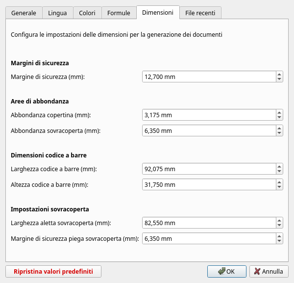 Preferences dialog Dimensions tab