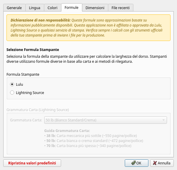 Finestra di dialogo Preferenze, scheda Formule