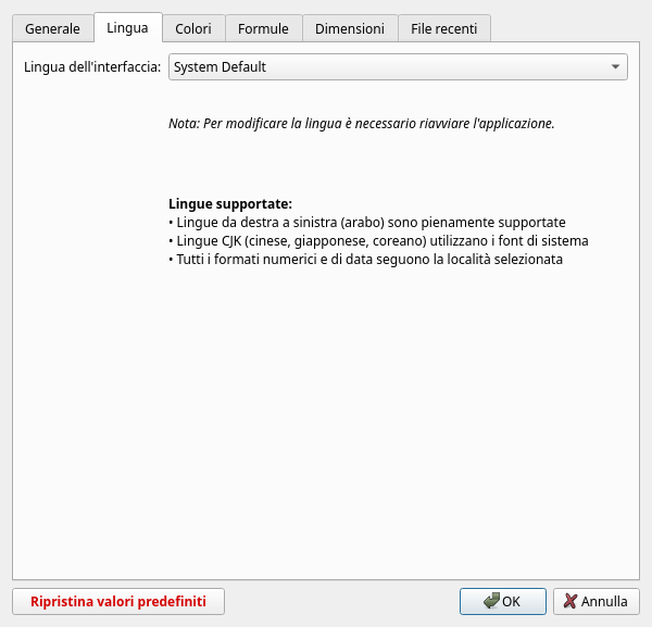 Finestra di dialogo Preferenze, scheda Lingua