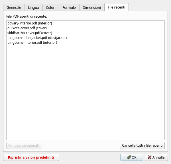Finestra di dialogo Preferenze, scheda File recenti