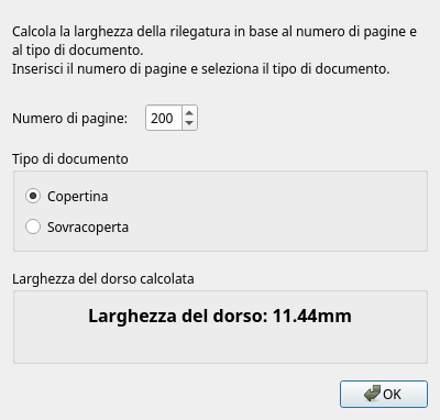 Finestra di dialogo del Calcolatore Spessore Dorso