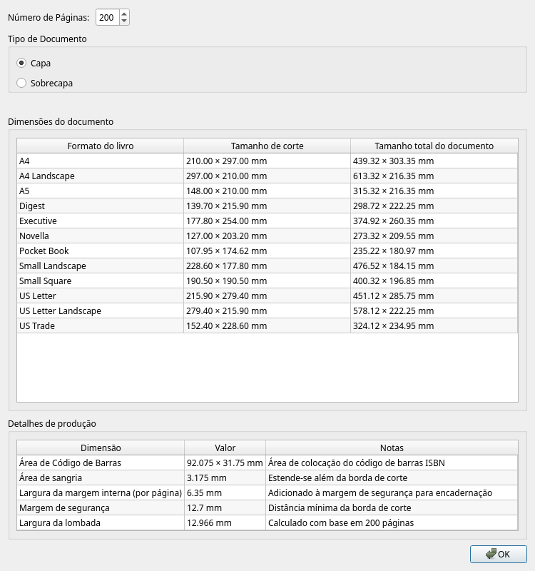 Caixa de diálogo da calculadora mostrando largura da lombada e dimensões do documento