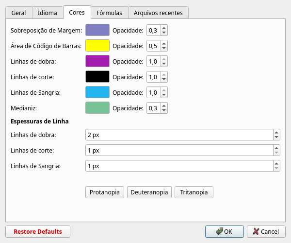 Diálogo de preferências Aba Cores