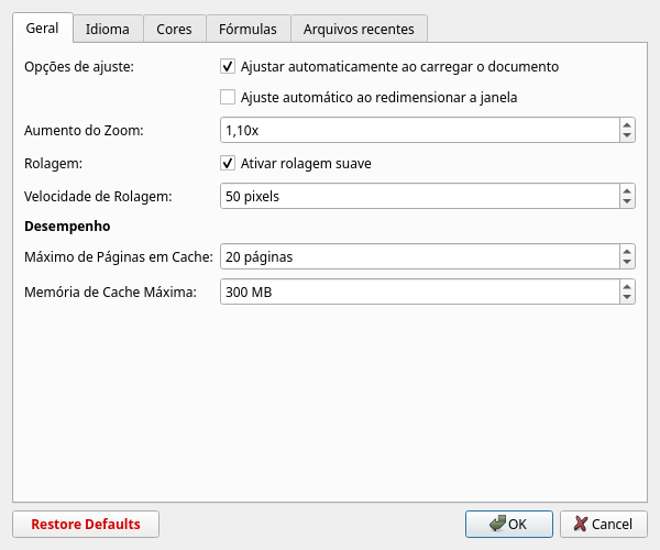 Caixa de diálogo de preferências mostrando opções de configuração